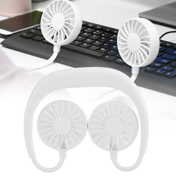 Bærbar mini-nakkebøylevifte Dobbel stasjonær USB-oppladbar 3-hastighets lathals hengende stil Hvit