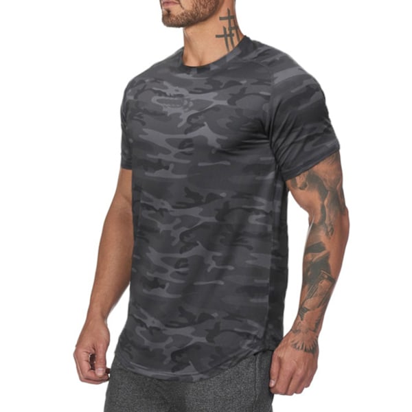 Sports T-shirt til mænd, hudvenlig, hurtigtørrende, åndbar, behagelig, rund hals, til løb, yoga, sort camouflage, M
