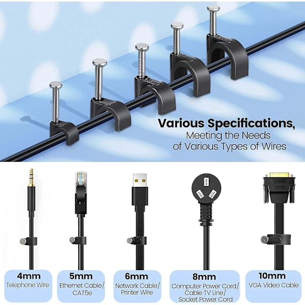 500 Kabelclips med stålstifter 4mm 5mm 6mm 8mm 10mm Kabelstyring til RG6, RG59, Cat6, RJ45 Koaksialkabel, Ethernet-kabel, TV-kabel, Telefon