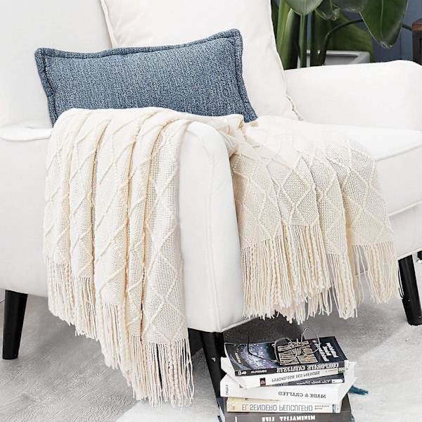 Strikket Pom Pom Sofa Teppe, Myk Beige Sofa Teppe, Liten 1-delt Strikket Sofa Trekk, Koselig Polar Fleece Teppe