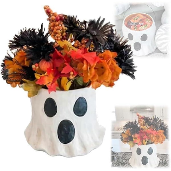 Resin Mache Halloween Trick or Treat Spande, Søde Spøgelsesspande, Spøgelsesurtepotte, Spøgelsesslikskål (lille)