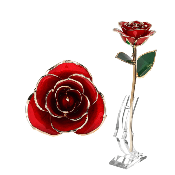 Lang stilk dyppet 24k gullrose i gaveeske med klar displaystativ røde roser for henne