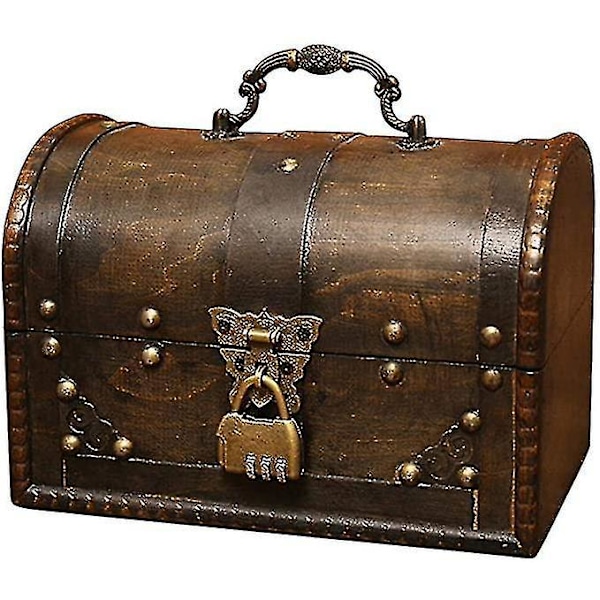 Vintage Håndlavet Træ Piratskattekiste med Forreste Lås