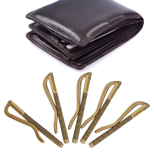 5 stk. pengeklipsfjær, rustfri, galvanisert stål, 75 mm for lommebok i lær (bronse)