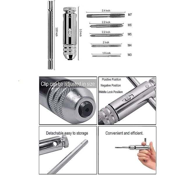 Säädettävä T-kahvallinen räikkähanan pidike, jossa on 5 kpl M3-M8 Metric Plug Machine set