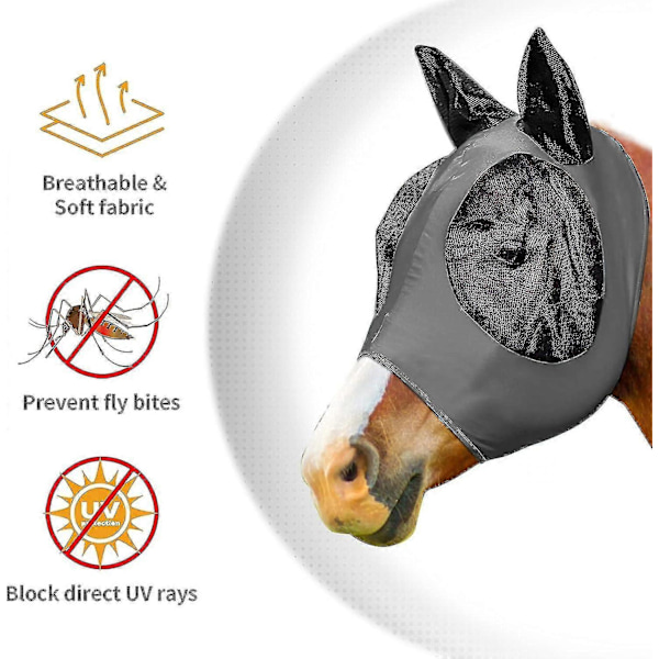 Heste Flue Maske, Flue Masker For Hester Med Ører, Glatt Elastisk Lycra Flue Maske, Unngå Heste Flue Og Uv Beskyttelse(grå, Full (stor)) -DGJR