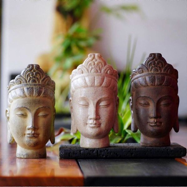 Buddha Huvud Staty Gåva Display Konstgjord Prydnad för Bondgård Uteplats Skrivbord Mörkbrun