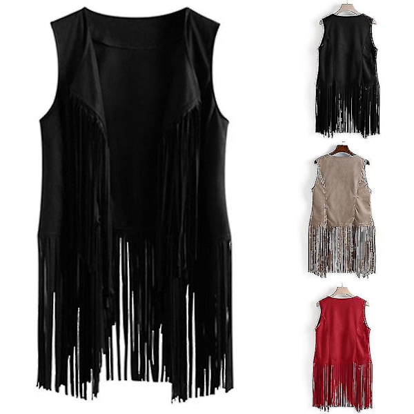 Fringe-prydda 70-tals Hippie-jacka i konstläder, ärmlös, öppen framtill, khaki, 2XL