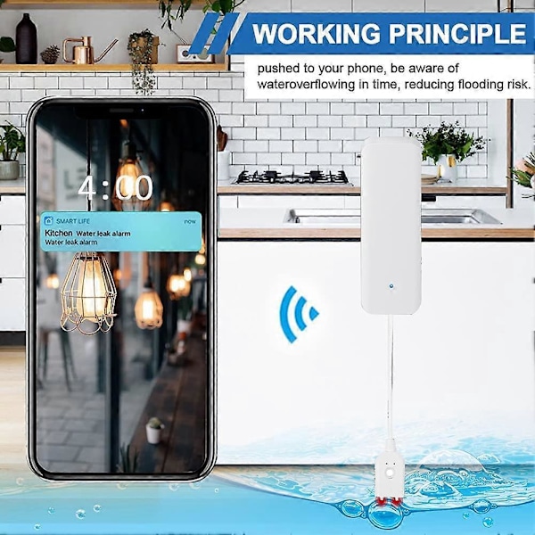 Vandalarmsensor, WiFi vandlækagedetektor, Overløbs- og oversvømmelsesalarm, Fjernovervågning af lækage til vaskekælder, TUYA/Smart Life App-notifikation, 60