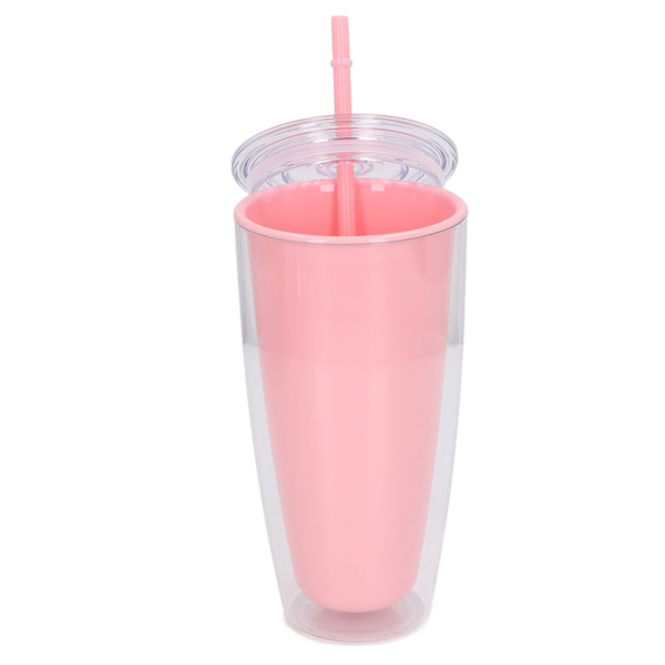 Dubbelväggig mugg med lock och sugrör 750 ml Dubbelväggig mugg med stor kapacitet Vattenflaska med bred öppning Splittersäker Rosa