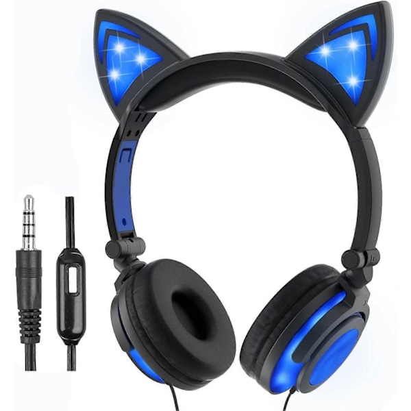 Katthörlurar för flickor och pojkar, blinkande LED-hörlurar med mikrofon, on-ear, universell trådbunden 3,5 mm