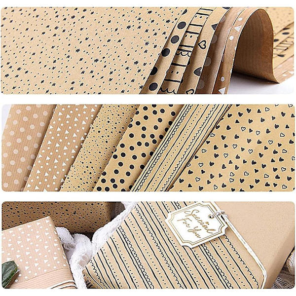 Mönstrat set för födelsedagsomslagspapper - 8 rullar, 50x70 cm vardera + 2 presentinslagsgarnbitar