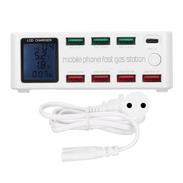 100W 8-port USB-opladningsstation Multiport USB C-opladerstation med LCD-display til smartphones og tablets 100-240V WLX 818D EU-stik