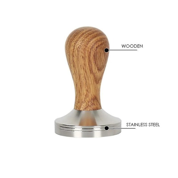 Kaffetamper i rustfritt stål med gul palisanderhåndtak, flat base 51mm