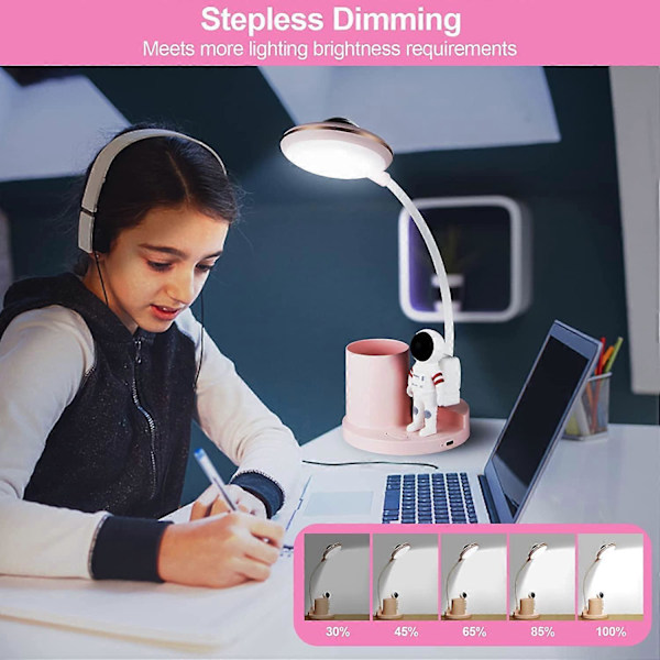 5W LED Skrivebordslampe for Barn, Trådløs Dimbar Oppladbar Bordlampe med Penneholder og Projeksjon, Fleksibel Svanehals Leselampe for Kontor Studierom