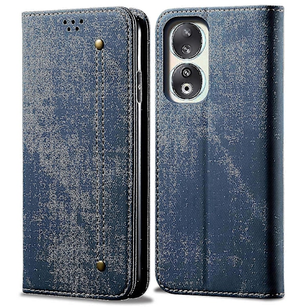 Kompatibelt Honor 90 Läder Flip Fodral Jeans Tyg Textur Plånbok Ställ Skydd - B17 Blå