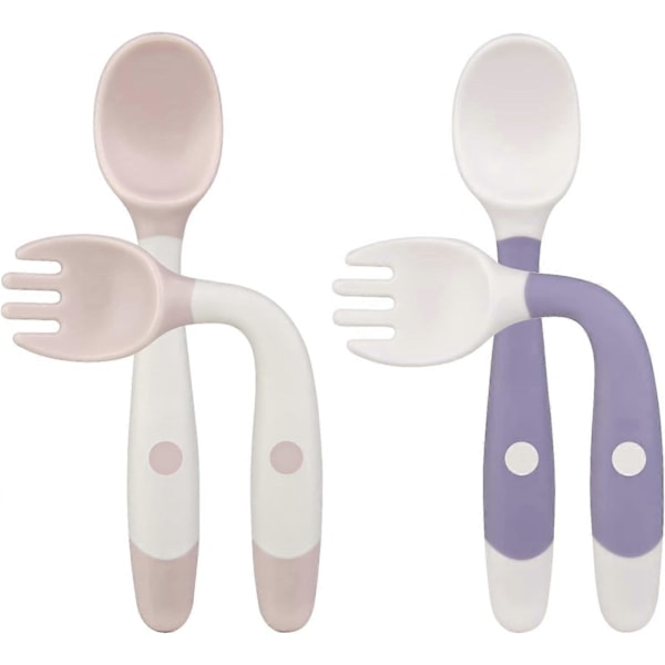 Babyskedar i silikon, 4 st. Mjuka babyskedar inlärningsskedar med böjfunktion, lätta att hålla, perfekta självmätningsskedar (Lila + Rosa)
