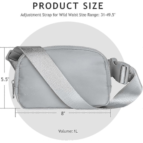 Crossbody mageveske for kvinner og menn, overalt belteveske med justerbar stropp, for utendørs fotturer, løping, reise, fritid, grå