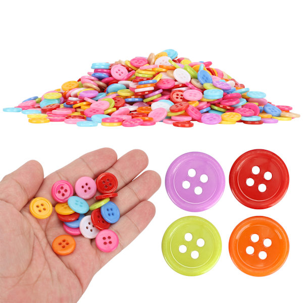 1000 st blandade färgade knappar i plast för sömnad, manuellt pyssel, klädtillbehör, handgjorda dekorationer (15 mm)