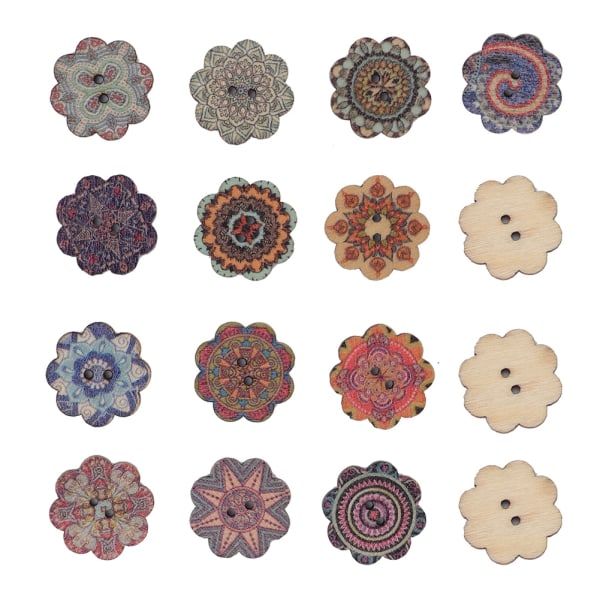 100 st 20 mm retrostil vackert mönster blomformad träknapp för DIY-hantverk