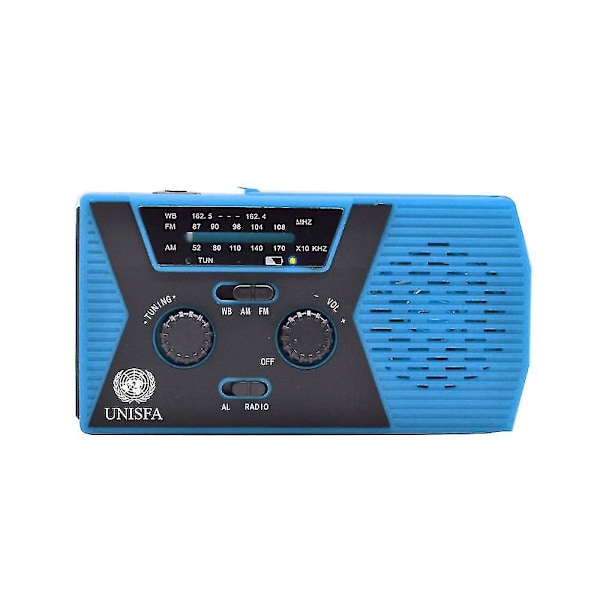 Nødradio med solcellepanel og håndsveivdynamo 4000mah, værrradio, lommelykt, lader, leselys, gul