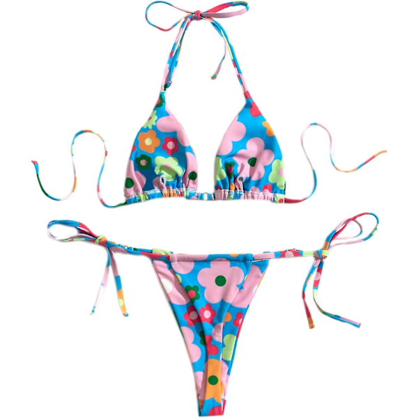 Dame Blomsterprint Halter Triangle Bikini Sæt Todelt Badedragt Blå Blomst L
