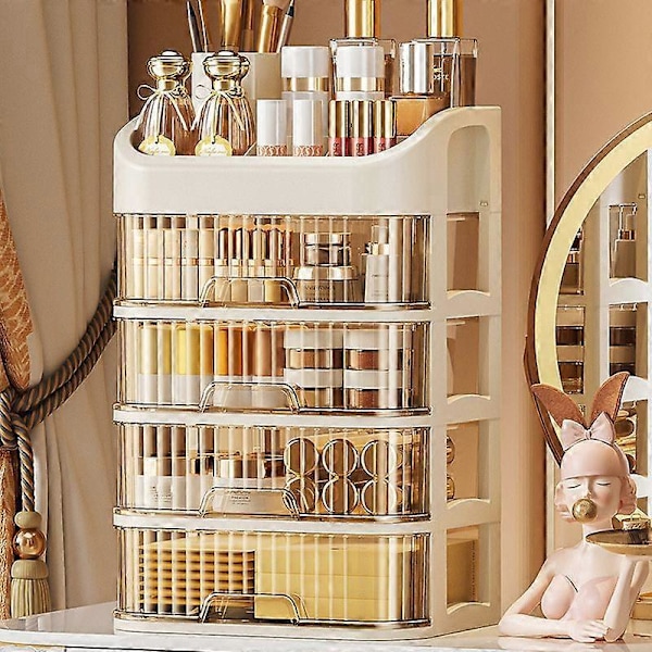 Multi-lags og multifunktionel makeup- og smykkeopbevaringsboks, transparent skrivebordsorganisator, stor kapacitet, hvid, to lag