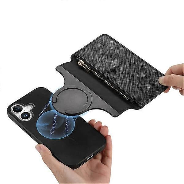 CASENEO Compatible with iPhone 16 Cross-Grain Leather Case Detachable Magnetic Phone Case Black
