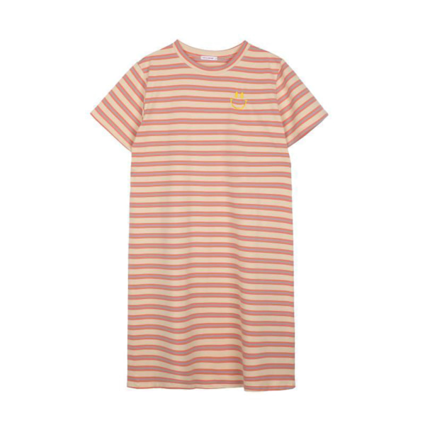 T-shirt kjole casual medium længde moderigtig graviditetskjole kort ærme løs pasform enkel stribet print orange pink L