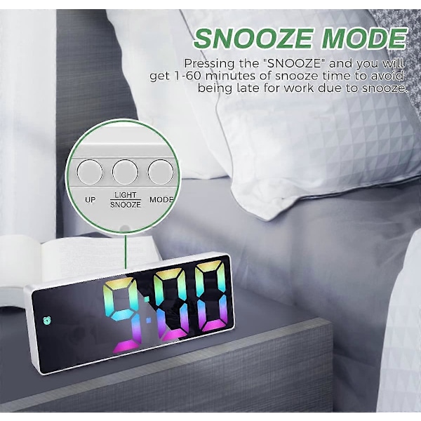 Digitalt Vækkeur, 6,5 tommer Digitalt Ur LED Spejl Digitalt Vækkeur med Temperatur Snooze Stemmeaktiveret 12/24 Timer 3 Lysstyrkeniveauer Alar