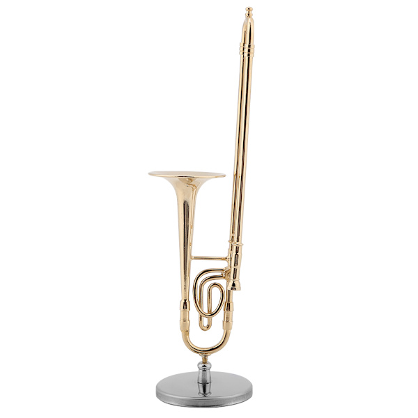 Miniature trombone replika med stativ og urkasse guldbelagt instrumentmodel musikalske ornamenter