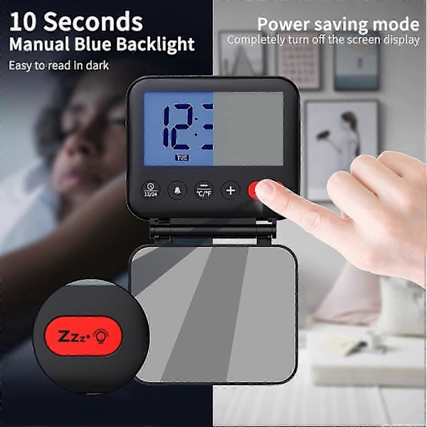 Digital Reseväckarklocka Mini Portabel LCD-skärm Klocka med Bakgrundsbelysning Kalender Temperatur Snooze 12/24H Sminkspegel, Liten Vikbar Batteridriven