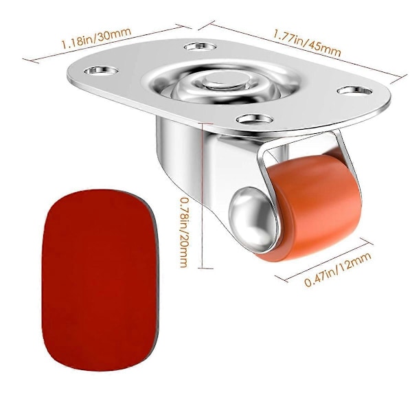 0.5In Oval Platt Självhäftande Hjul, 360° Vridbara, 20-pack Silver