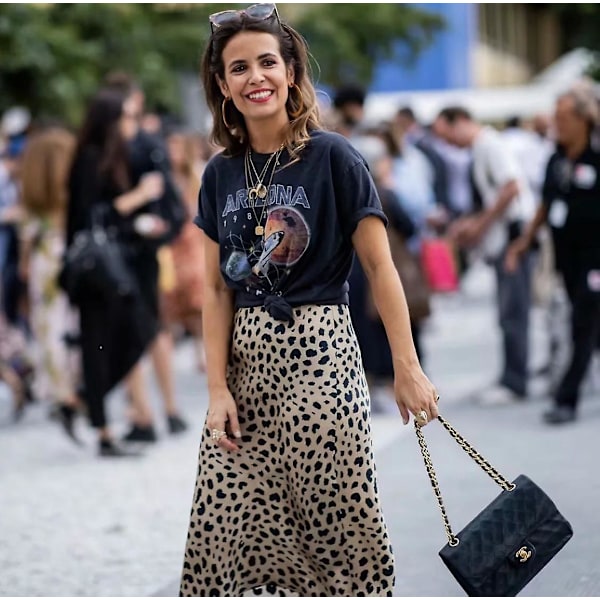 Leopard Nederdel til Kvinder Midi Længde Høj Talje Silke Satin Elastisk Cheetah Nederdele, STØRRELSE L