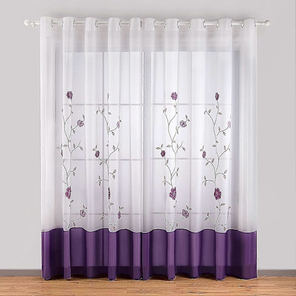 Sæt med 2 blomsterbroderede, transparente blondegardiner til soveværelse, køkken, stue, 140cmx175cm, lilla