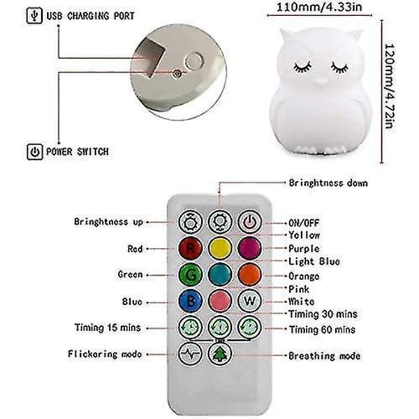 USB LED Färgglad Nattlampa för Barn, Touch-lampa, 7 Färger Uppladdningsbar - Uggla