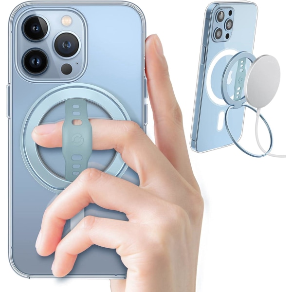 Blå-ny (uppgraderad) telefonhållare med silikongrepp kompatibel med MagSafe, magnetisk ringhållare, endast för iPhone 14, 13, 12 Pro/Max/Plus