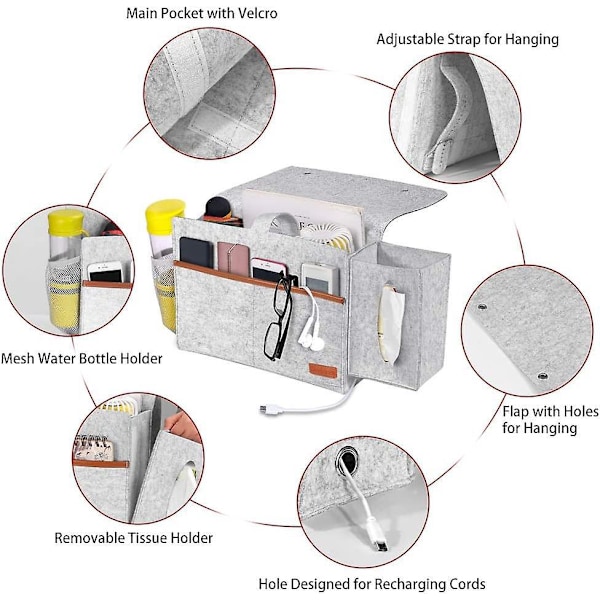 Grå nattbordsoppbevaringspose med fjernkontroll, vevboks, nettbrettstativ, ladekabel, magasin, briller og penn