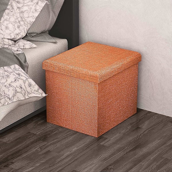 Vikbar Puff 30x30x30 cm i Mandarin Orange - Dekorativ Förvaringslåda i Linne-look Tyg för att Spara Utrymme - Pall Bröst Sittplats