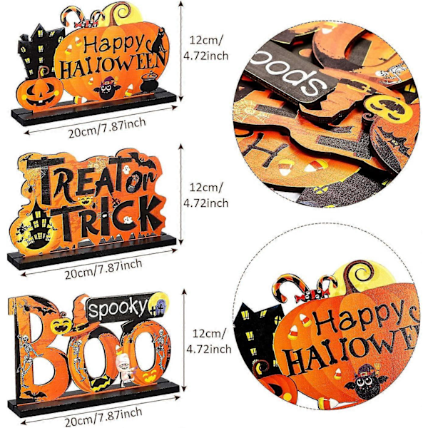 3 Happy Halloween Borddekorasjoner, Gresskar Bordpynt Boo Skilt Tre Candy Day for Halloween Fest Middag Kaffebord Topper Tier Tray Roo
