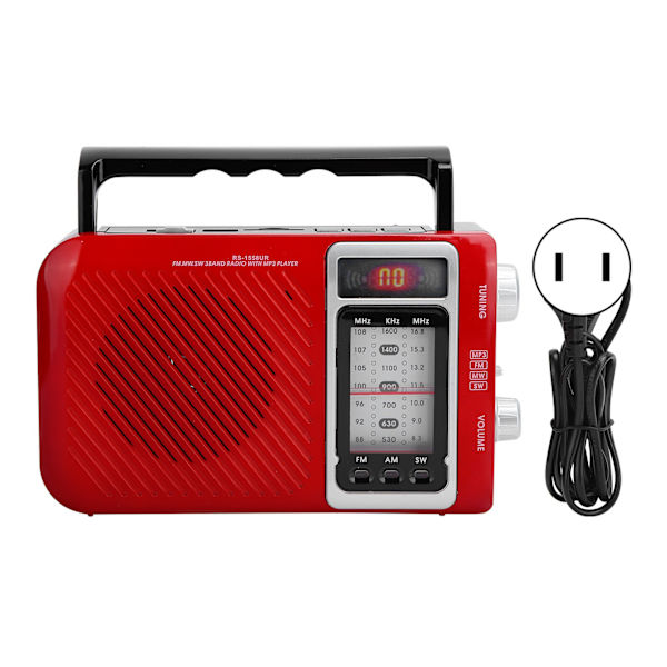 Multifunktionsradio med LED-ljus, högtalarstöd, minneskort, MMC, USB, FM, AM, SW, 110-240V US-kontakt, röd
