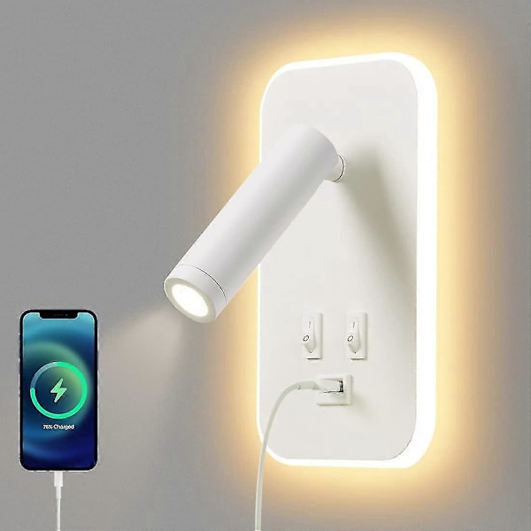 LED Vägglampa, Sängläsningslampa med Strömbrytare, USB-laddningsport, Dimbar Stämningsbelysning för Sovrum (3W Naturligt Ljus + 10W Varmt Ljus) Vit