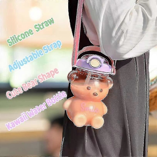 Kawaii Karhu Vesipullo Pillillä - Tiivis, Säädettävä Olkahihna Ruskea 1000ml