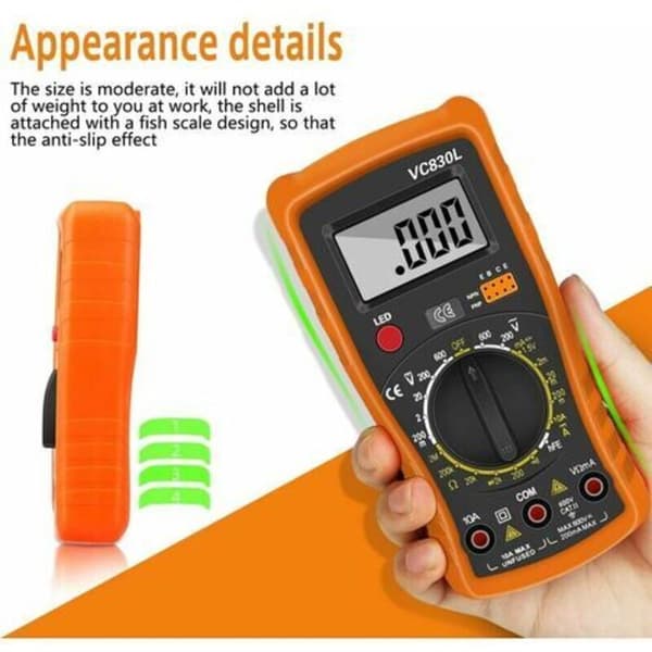 Automatisk digitalt multimeter – Stor baggrundsbelyst LCD-skærm – Voltmeter, amperemeter, ohmmeter – Diode- og kontinuitetstest