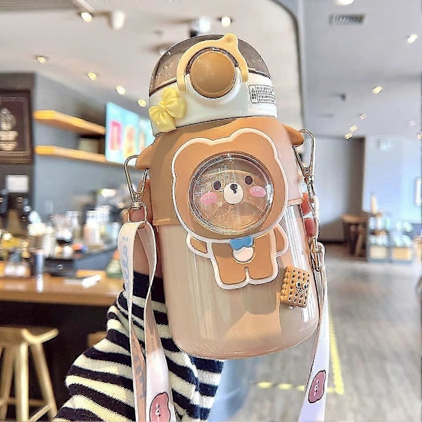 Kawaii Vannflaske med Sugerør, Søte Vannflasker med 3D Kawaii Klistremerke, Rustfritt Stål Vannflaske 600ml (Kaffe)