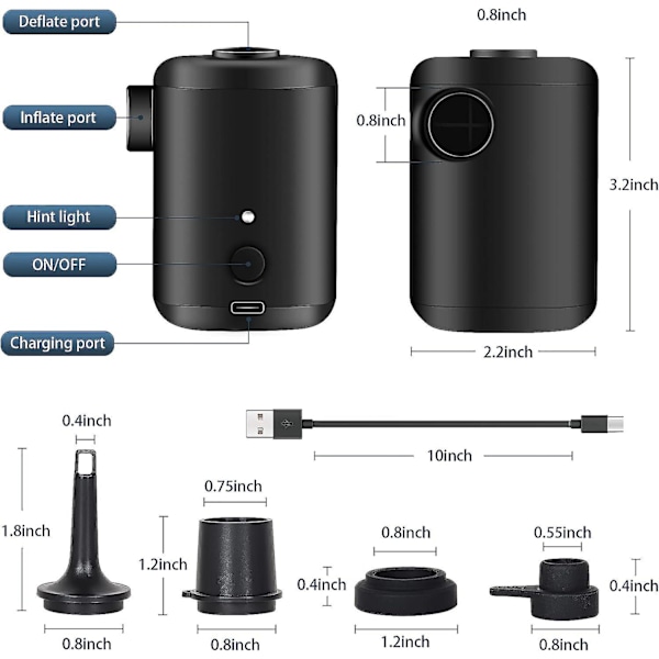 Bærbar trådløs elektrisk luftpumpe med USB-genopladeligt batteri, 2-i-1 oppustelig og deflator, 4 dyser, til madras, campingpude, båd