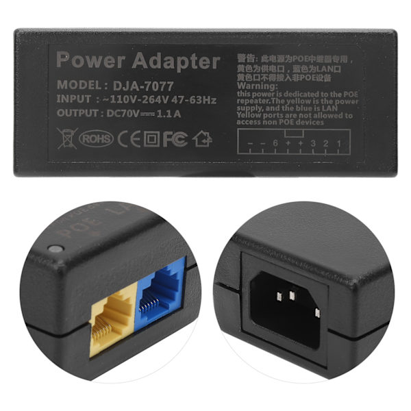 4-veis POE Repeater Strømforsyning Adapter Injektor for CCTV Security Surveillance 110-264VEU Plugg