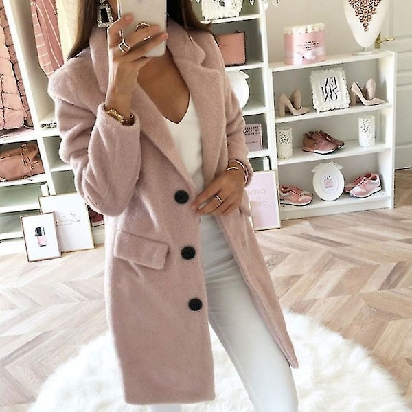 Rosa Teddy Bear Fleece Lang Vinter Trenchcoat Kvinners Overfrakk