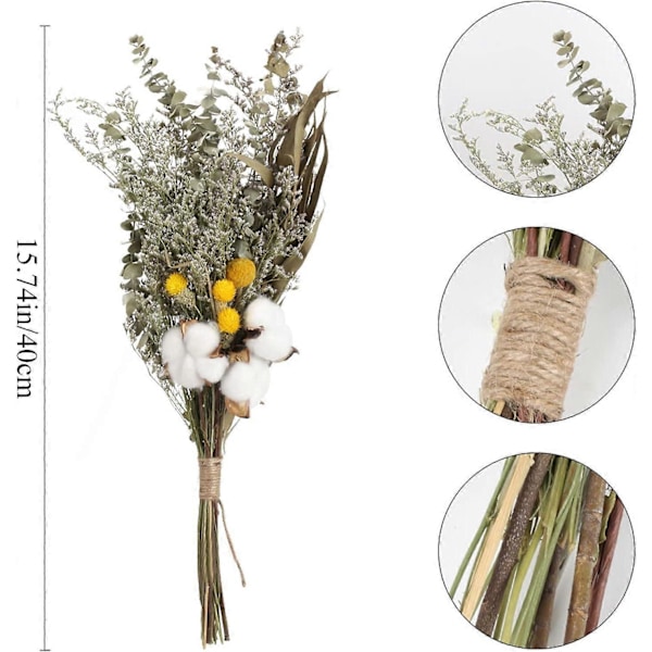 Liten Naturlig Tørket Blomsterbukett 43cm Hvit Bomulls Gren med Gul Tørket Craspedia og Kunstig