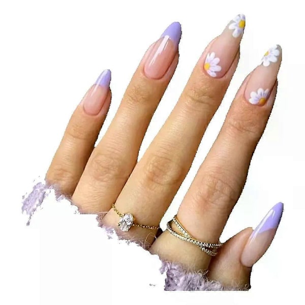 24 stk./Æske Lilla Ballerina Kunstige Negle med Frisk Blomster Almond Patch Design Tryk-på Falske Negle Med Aftagelige Negle til Fest W117-FakeNailsArt